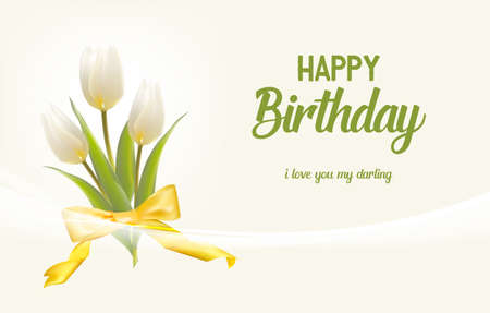 Wedding card with white tulips on a light background. Invitation card with 3d vector flowers.のイラスト素材