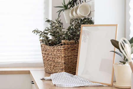 Mock up frame in kitchen interior background. Scandinavian home design.の写真素材