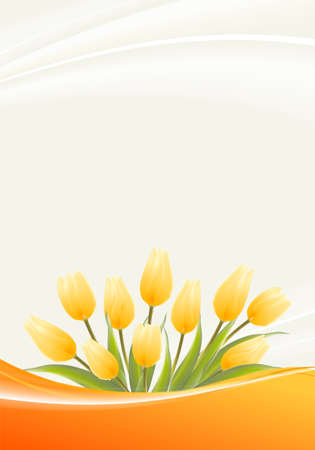 Wedding card with yellow tulips on a light background. Invitation card with 3d vector flowers.のイラスト素材