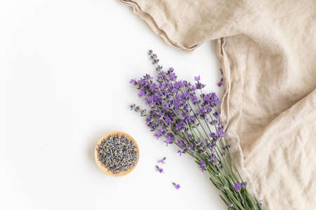 Lavender flowers. Flat lay concept skin care. Light background with lavend.の写真素材