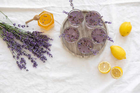 Honey and lavender bouquets. Virus treatment concept. Wooden table.
