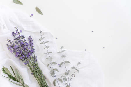 Lavender flowers. Flat lay concept skin care. Light background with lavend.の写真素材