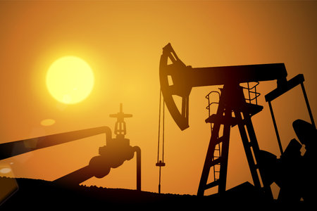 Oil field over sunset. Vector illustration. Gas industry. Dark silhouette drilling rig.のイラスト素材