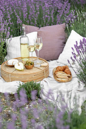 Glass of white wine in a lavender field. Violet flowers on the background.の写真素材