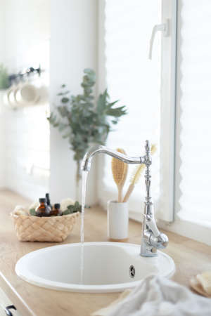 Bright kitchen interior. Scandinavian style. Provence furniture.の写真素材