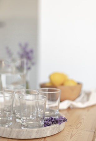 Making a refreshing summer drink. Preparing lemonade in the kitchen. Healthy food conceptの写真素材