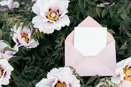 Fresh peonies in the garden. Wedding invitation mock upの写真素材