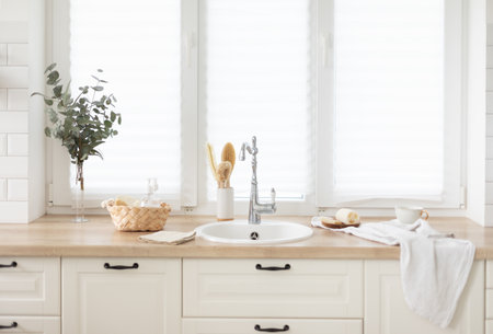 Bright kitchen interior. Scandinavian style. Provence furniture.の写真素材