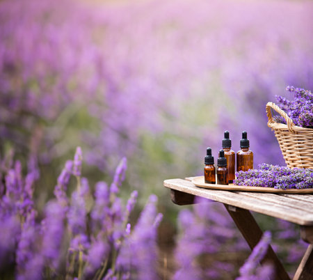 Amber essential lavender oil bottle. Violet lavendar field in Provence.の写真素材