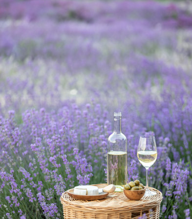 Glass of white wine in a lavender field. Violet flowers on the background.