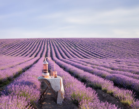 Distillation of lavender essential oil and hydrolate. Copper alambic for the flowering field.の写真素材