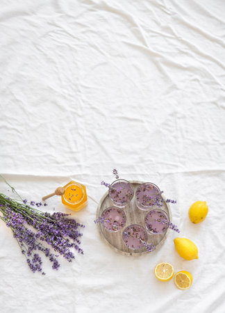 Honey and lavender bouquets. Virus treatment concept. Wooden table.の写真素材