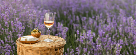 Glass of white wine in a lavender field. Violet flowers on the background.の写真素材