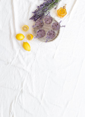 Honey and lavender bouquets. Virus treatment concept. Wooden table.の写真素材