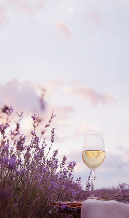 Wine glass and lavender. Blossom summer purple fieldの写真素材