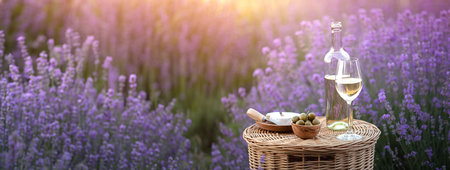 Picnic at sunset in the lavender field. White wine and cheese.の写真素材