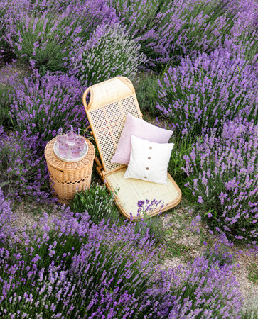 Glass of lemonadein a lavender field. Violet flowers on the background.の写真素材