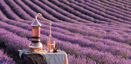 Distillation of lavender essential oil and hydrolate. Copper alambic for the flowering field.の写真素材