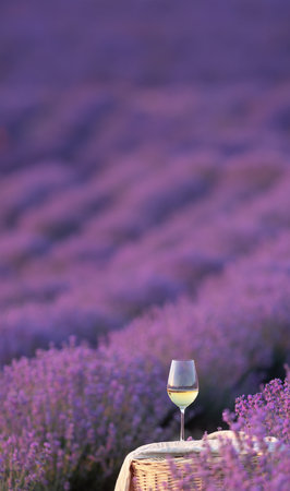 Glass of white wine in a lavender field. Violet flowers on the background.の写真素材
