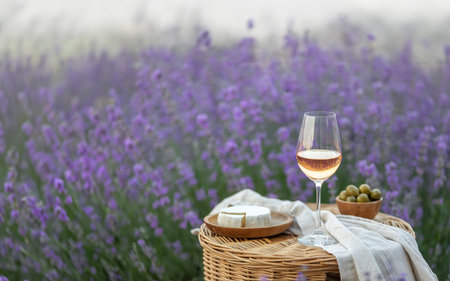 Glass of white wine in a lavender field. Violet flowers on the background.の写真素材