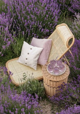 Glass of lemonadein a lavender field. Violet flowers on the background.の写真素材