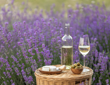 Glass of white wine in a lavender field. Violet flowers on the background.の写真素材
