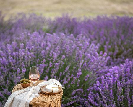 Glass of white wine in a lavender field. Violet flowers on the background.の写真素材