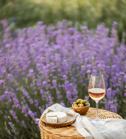 Glass of white wine in a lavender field. Violet flowers on the background.の写真素材