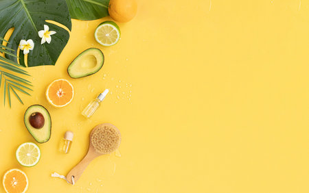 Bottle essential oils on tropical background. Skin and body care treatment concept.の写真素材