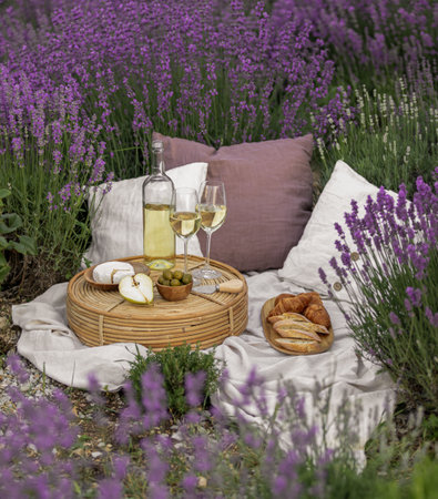 Glass of white wine in a lavender field. Violet flowers on the background.の写真素材