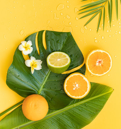 Fresh oranges and tropical leaf. Cutted citrus fruit for natural cosmetics.の写真素材