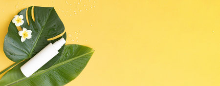 Bottle essential oils and avocado on tropical background. Skin and body care treatment concept.の写真素材