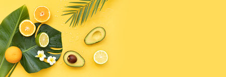 Fresh oranges and tropical leaf. Cutted citrus fruit for natural cosmeticsの写真素材