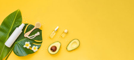 Dry skin cleaning with avocado. Yellow backgroundの写真素材