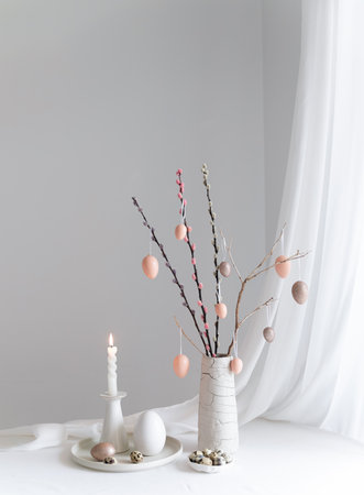 Easter home design. Greeting card. Minimalist white interior.の写真素材