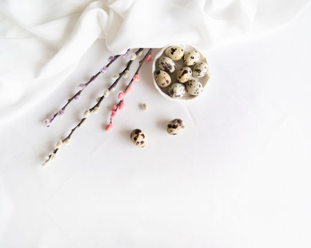 Easter home design. Greeting card. Minimalist white interior.の写真素材