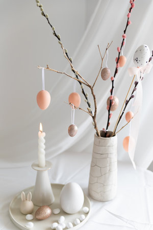 Easter home design. Greeting card. Minimalist white interior.の写真素材