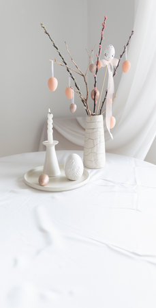 Easter home design. Greeting card. Minimalist white interior.の写真素材
