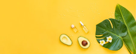 Bottle essential oils and avocado on tropical background. Skin and body care treatment concept.の写真素材