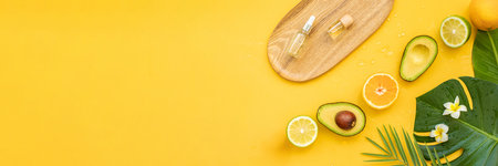 Bottle essential oils and avocado on tropical background. Skin and body care treatment concept.の写真素材