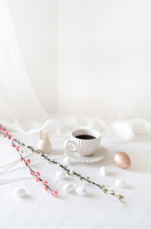 Easter home design. Greeting card. Minimalist white interior.の写真素材