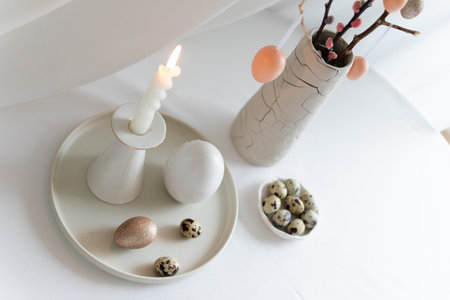 Easter home design. Greeting card. Minimalist white interior.の写真素材