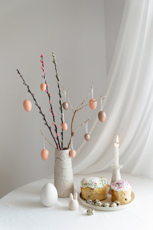 Easter home design. Greeting card. Minimalist white interior.の写真素材