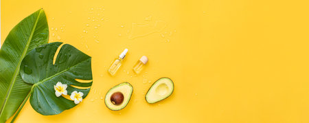 Bottle essential oils and avocado on tropical background. Skin and body care treatment concept.の写真素材