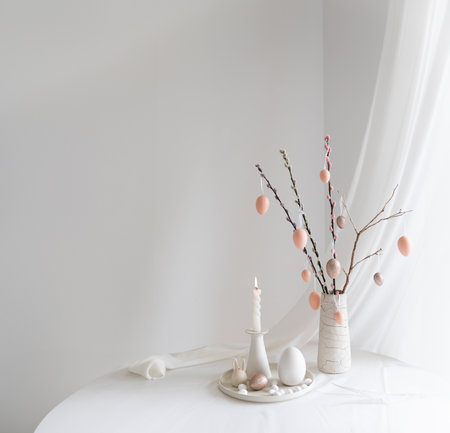 Easter background with copy space. White interior.の写真素材