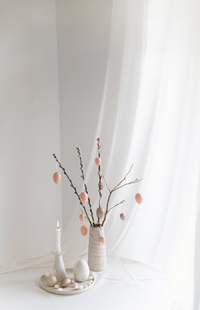 Easter home design. Greeting card. Minimalist white interior.の写真素材