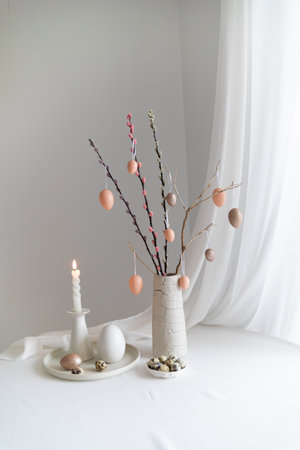 Easter home design. Greeting card. Minimalist white interior.の写真素材