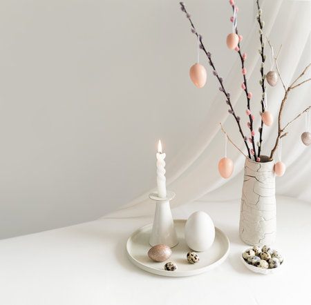 Easter background with copy space. White interior.の写真素材