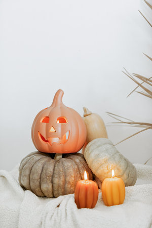 White Interior Decoration Halloween. White aesthetic photoの写真素材