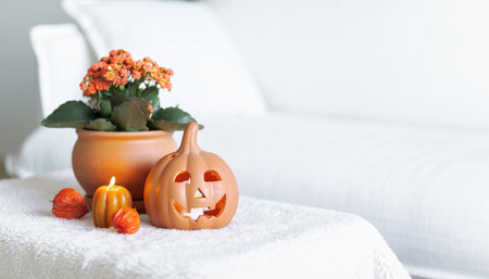 White Interior Decoration Halloween. White aesthetic photoの写真素材